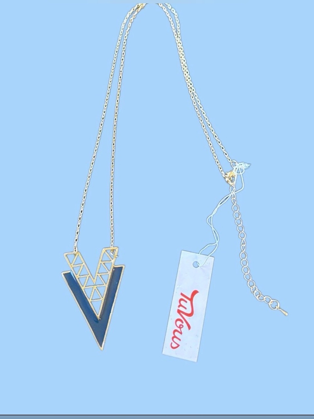 Geometric V-Shaped Pendant Necklace in Navy Blue and Gold
